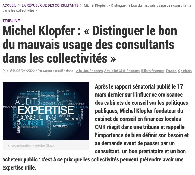 Couverture — Michel Klopfer — « Distinguer le bon du mauvais usage des consultants »